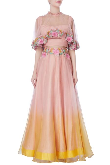 Shop_Incheetape_Yellow Organza Embroidered Sequin Round High Neck Pink And Ombre Lehenga Set _Online_at_Aza_Fashions