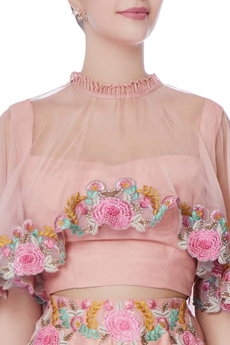 Incheetape_Yellow Organza Embroidered Sequin Round High Neck Pink And Ombre Lehenga Set _at_Aza_Fashions