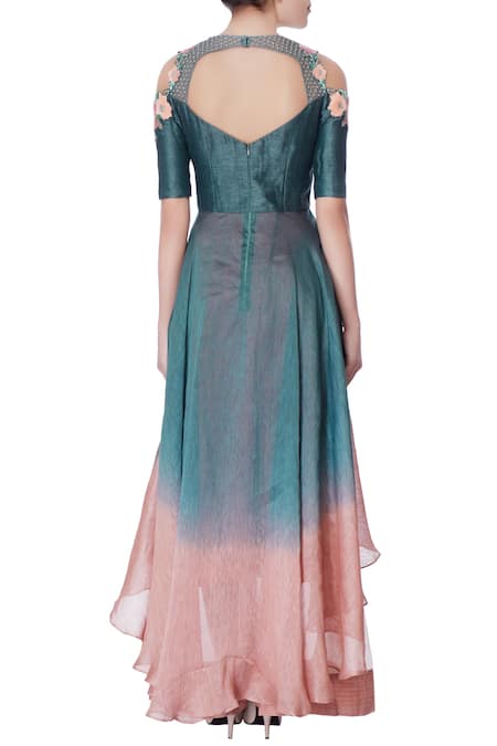 Incheetape Blue & pink cold-shoulder kurta & palazzo pants 