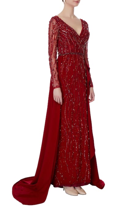 Saisha Shinde_Maroon Crepe Embellished Bead V Neck Gown  _Online_at_Aza_Fashions