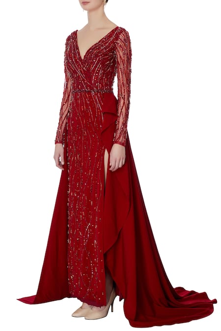 Buy_Saisha Shinde_Maroon Crepe Embellished Bead V Neck Gown  _Online_at_Aza_Fashions