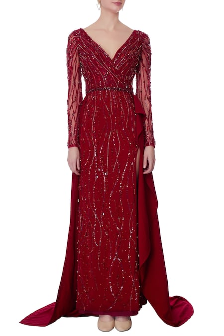 Shop_Saisha Shinde_Maroon Crepe Embellished Bead V Neck Gown  _Online_at_Aza_Fashions