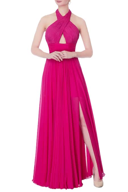 Saisha Shinde Pink Flat Chiffon Silk Solid Halter Neck Slit Gown For Women