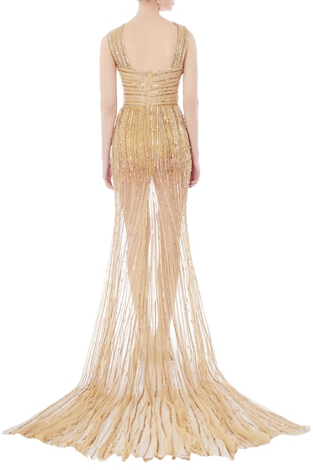 Shop_Saisha Shinde_Gold Embellished Trail Gown  _at_Aza_Fashions