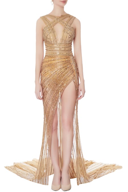 Shop_Saisha Shinde_Gold Embellished Trail Gown  _Online_at_Aza_Fashions
