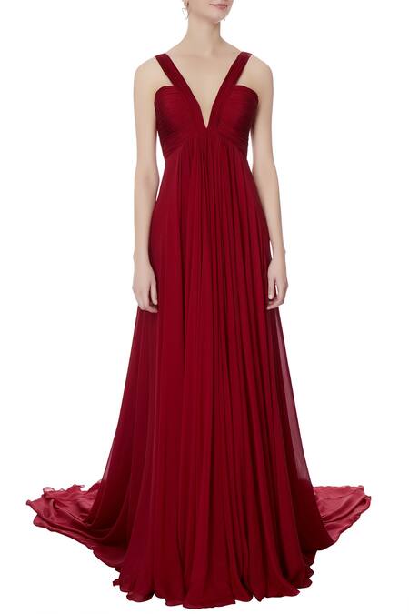 Shop_Saisha Shinde_Maroon Pleated Gown  _Online_at_Aza_Fashions