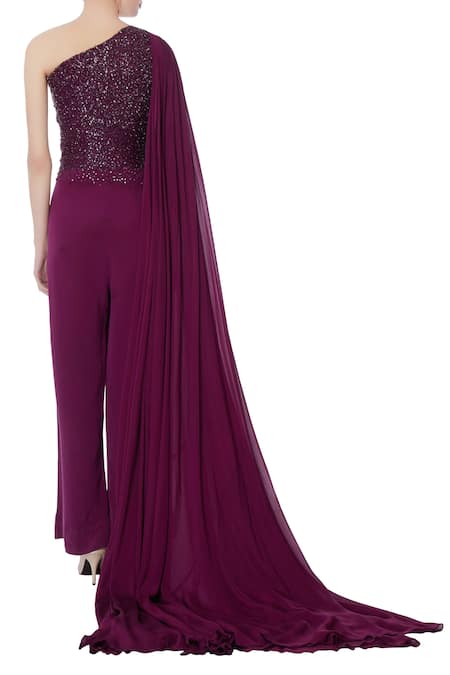 Shop_Saisha Shinde_Purple One Shoulder Draped Jumpsuit  _at_Aza_Fashions