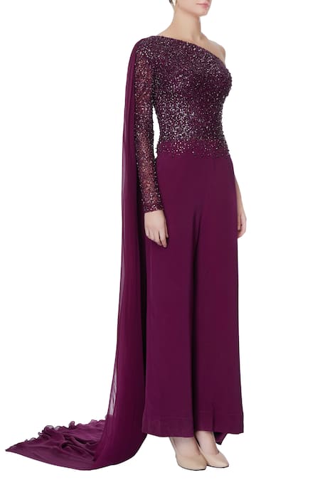 Saisha Shinde_Purple One Shoulder Draped Jumpsuit  _Online_at_Aza_Fashions