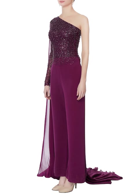 Buy_Saisha Shinde_Purple One Shoulder Draped Jumpsuit  _Online_at_Aza_Fashions