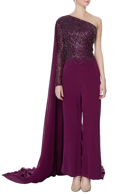 Shop_Saisha Shinde_Purple One Shoulder Draped Jumpsuit  _Online_at_Aza_Fashions