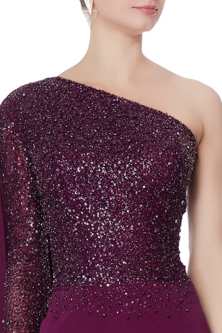 Saisha Shinde_Purple One Shoulder Draped Jumpsuit  _at_Aza_Fashions
