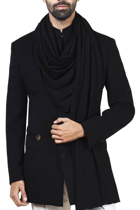 Qbik_Black Drape Bandhgala And Pants_Online_at_Aza_Fashions