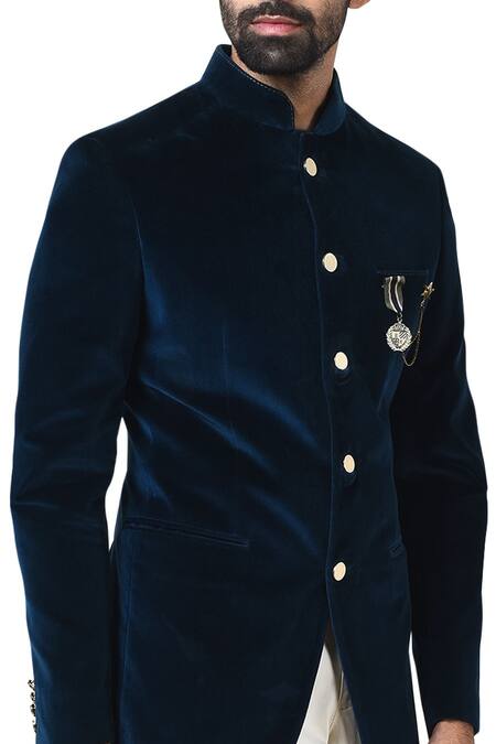 Qbik_Blue Velvet Bandhgala Set_Online_at_Aza_Fashions