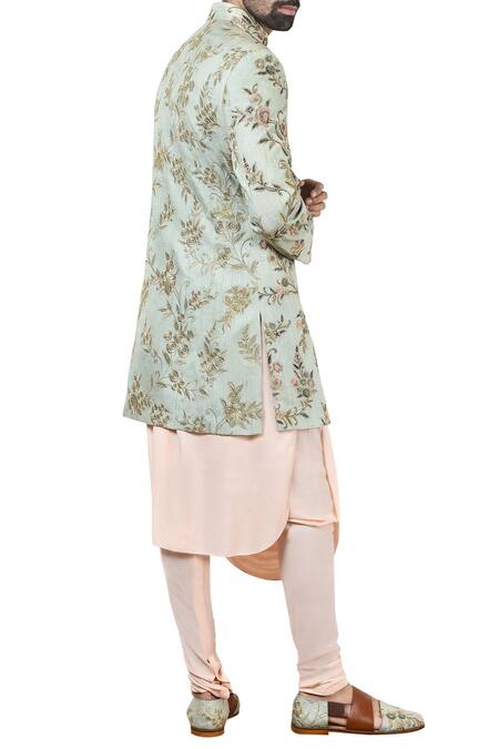 Shop Qbik Mint Green Sherwani With Kurta And Churidar at Aza Fashions Shop_Qbik_Mint Green Sherwani With Kurta And Churidar_at_Aza_Fashions