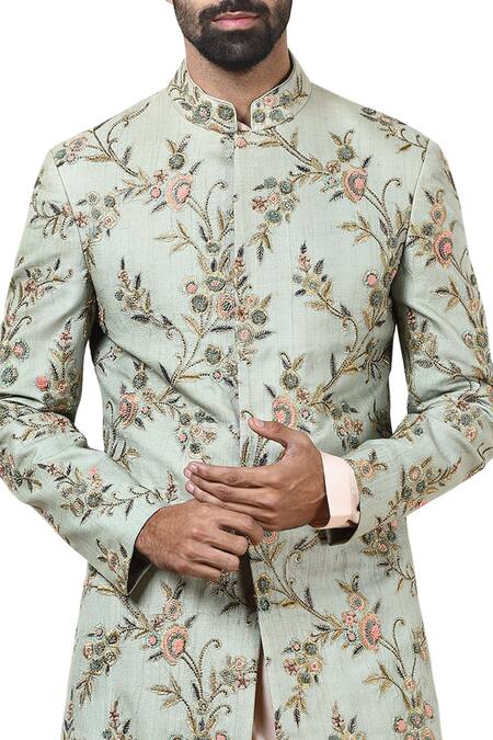 Qbik Mint Green Sherwani With Kurta And Churidar Online at Aza Fashions Qbik_Mint Green Sherwani With Kurta And Churidar_Online_at_Aza_Fashions