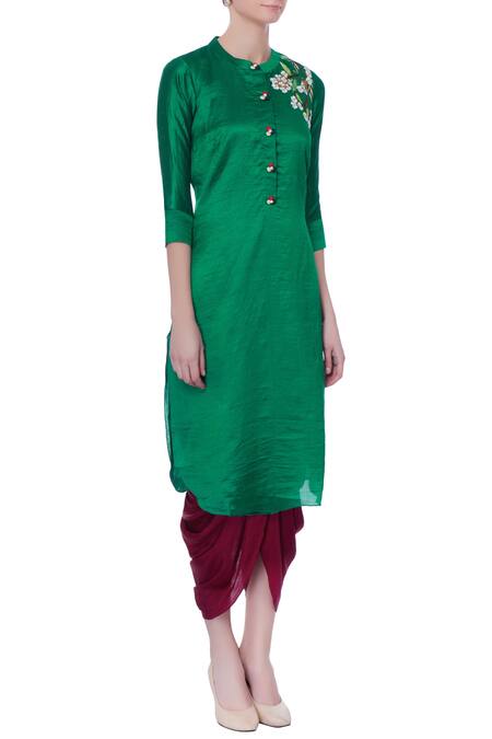 Desert Shine By Sulochana Jangir_Green Taffeta Silk Embroidered Floral Band Collar Kurta_Online_at_Aza_Fashions