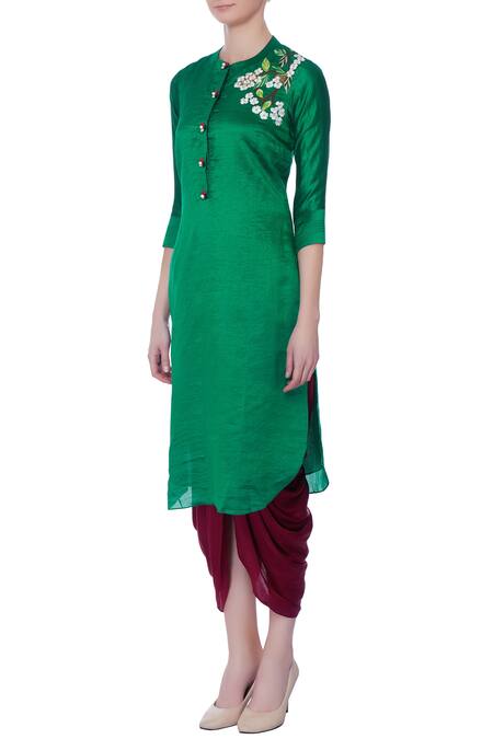 Buy_Desert Shine By Sulochana Jangir_Green Taffeta Silk Embroidered Floral Band Collar Kurta_Online_at_Aza_Fashions