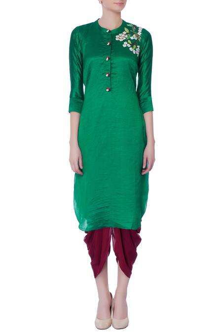 Shop_Desert Shine By Sulochana Jangir_Green Taffeta Silk Embroidered Floral Band Collar Kurta_Online_at_Aza_Fashions