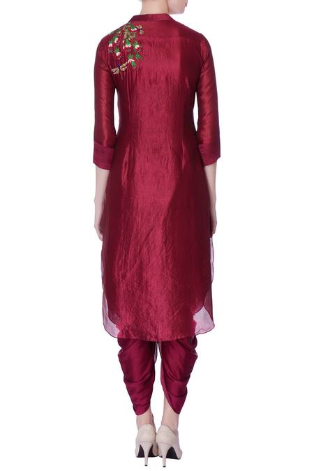 Shop_Desert Shine By Sulochana Jangir_Wine Taffeta Silk Embroidered Peacock Band Collar Kurta_at_Aza_Fashions