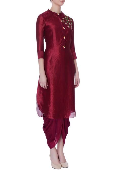Desert Shine By Sulochana Jangir_Wine Taffeta Silk Embroidered Peacock Band Collar Kurta_Online_at_Aza_Fashions
