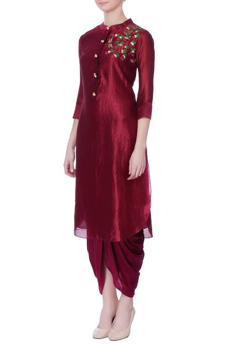 Buy_Desert Shine By Sulochana Jangir_Wine Taffeta Silk Embroidered Peacock Band Collar Kurta_Online_at_Aza_Fashions