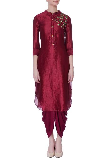 Shop_Desert Shine By Sulochana Jangir_Wine Taffeta Silk Embroidered Peacock Band Collar Kurta_Online_at_Aza_Fashions