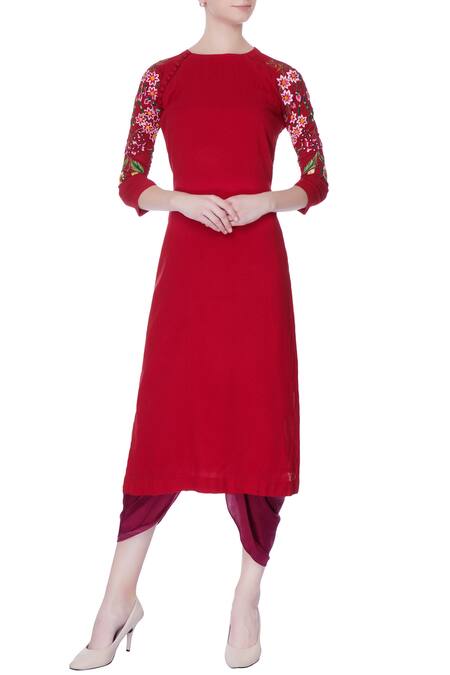 Desert Shine by Sulochana Jangir Red Linen Georgette Embroidered Floral Jewel Neck Kurta For Women