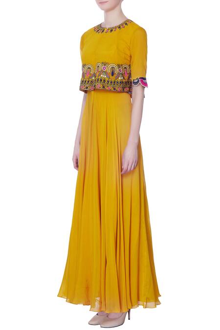 Buy_Desert Shine By Sulochana Jangir_Yellow Embroidered Cape Kurta_Online_at_Aza_Fashions