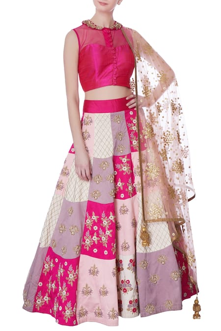 Neha Mehta Couture Multi Color Multicolored Embroidered Lehenga And Pink Blouse