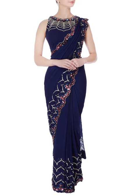 Rajat & Shraddha Blue Georgette Embroidered Round Navy Pre-draped Saree With Blouse  