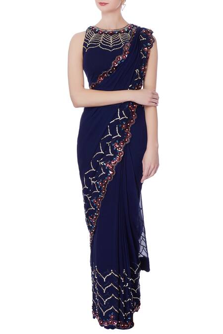 Rajat & Shraddha_Blue Georgette Embroidered Round Navy Pre-draped Saree With Blouse  _Online_at_Aza_Fashions