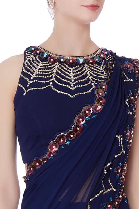 Buy_Rajat & Shraddha_Blue Georgette Embroidered Round Navy Pre-draped Saree With Blouse  _Online_at_Aza_Fashions
