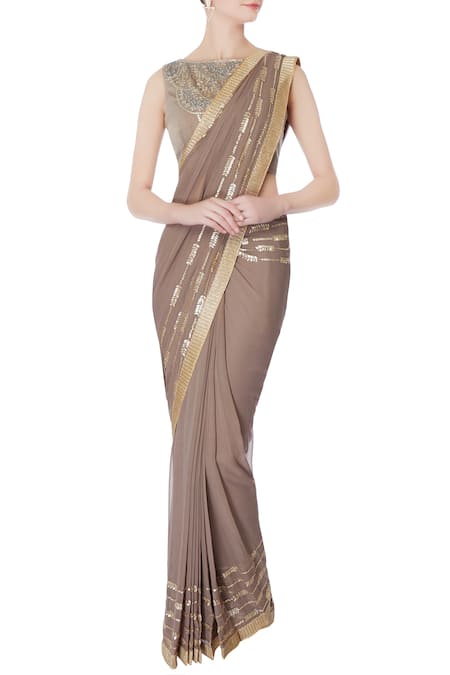 Rajat & Shraddha Brown Georgette Embroidered Boat Taupe Pre-draped Saree With Blouse 