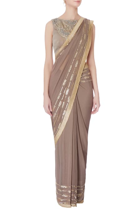 Rajat & Shraddha_Brown Georgette Embroidered Boat Neck Taupe Pre-draped Saree With Blouse _Online_at_Aza_Fashions