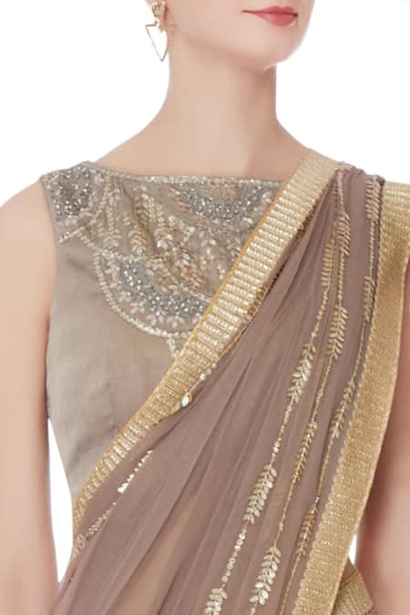 Buy_Rajat & Shraddha_Brown Georgette Embroidered Boat Neck Taupe Pre-draped Saree With Blouse _Online_at_Aza_Fashions
