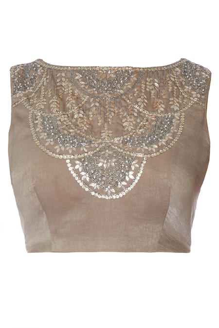 Shop_Rajat & Shraddha_Brown Georgette Embroidered Boat Neck Taupe Pre-draped Saree With Blouse _Online_at_Aza_Fashions