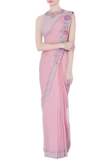 Rajat & Shraddha Pink Georgette Embroidered Boat Rose Pre-draped Saree With Blouse Online at Aza Fashions Rajat & Shraddha_Pink Georgette Embroidered Boat Rose Pre-draped Saree With Blouse _Online_at_Aza_Fashions