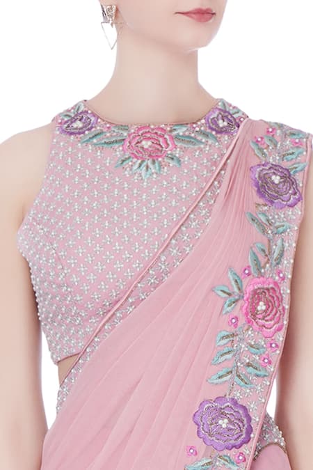 Buy Rajat & Shraddha Pink Georgette Embroidered Boat Rose Pre-draped Saree With Blouse Online at Aza Fashions Buy_Rajat & Shraddha_Pink Georgette Embroidered Boat Rose Pre-draped Saree With Blouse _Online_at_Aza_Fashions
