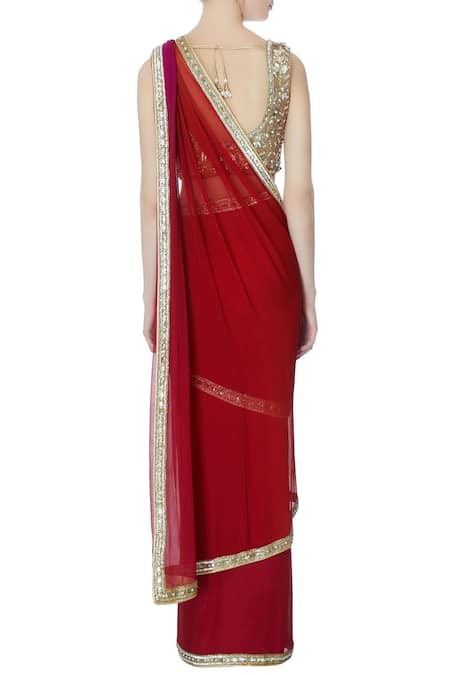 Rajat & Shraddha Maroon pre-draped sequin saree with blouse 