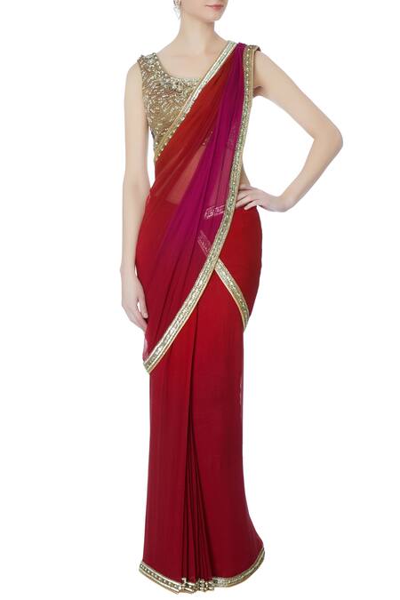 Rajat & Shraddha_Maroon Chiffon Embroidered Cut Pre-draped Sequin Saree With Blouse  _Online_at_Aza_Fashions