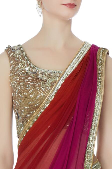 Buy_Rajat & Shraddha_Maroon Chiffon Embroidered Cut Pre-draped Sequin Saree With Blouse  _Online_at_Aza_Fashions