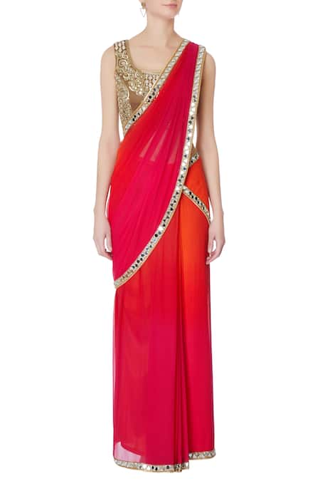 Rajat & Shraddha Red Chiffon Embroidered Round Neck Pre-draped Saree With Blouse Online at Aza Fashions Rajat & Shraddha_Red Chiffon Embroidered Round Neck Pre-draped Saree With Blouse _Online_at_Aza_Fashions