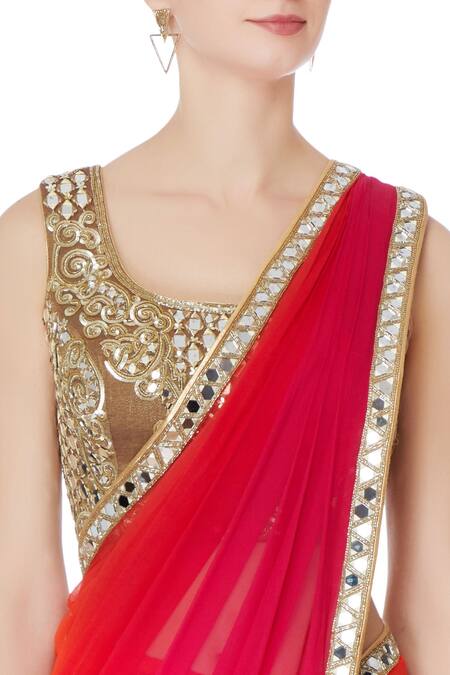 Buy Rajat & Shraddha Red Chiffon Embroidered Round Neck Pre-draped Saree With Blouse Online at Aza Fashions Buy_Rajat & Shraddha_Red Chiffon Embroidered Round Neck Pre-draped Saree With Blouse _Online_at_Aza_Fashions