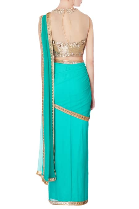 Rajat & Shraddha Sea green pre-draped sequin saree with blouse 