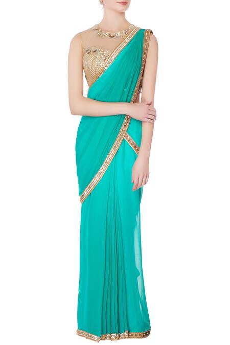 Rajat & Shraddha_Green Chiffon Embroidered Sequin Sea Pre-draped Saree With Blouse  _Online_at_Aza_Fashions