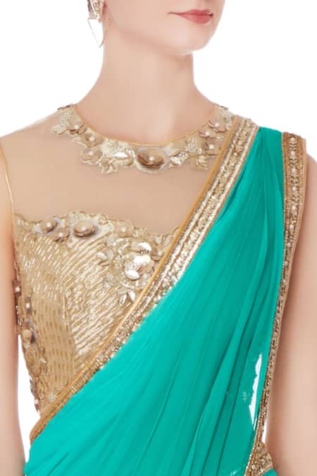 Buy_Rajat & Shraddha_Green Chiffon Embroidered Sequin Sea Pre-draped Saree With Blouse  _Online_at_Aza_Fashions