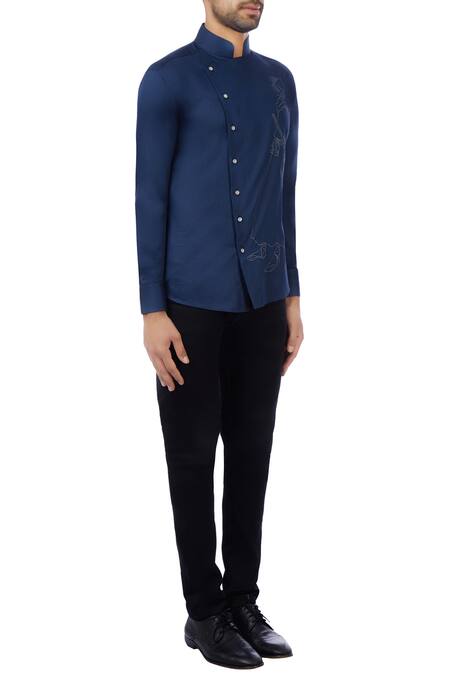 Vikram Bajaj_Blue Cotton Printed Shirt_Online_at_Aza_Fashions