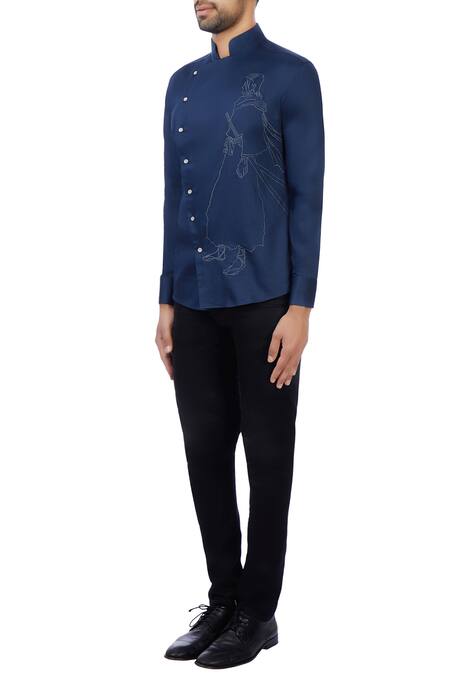 Buy_Vikram Bajaj_Blue Cotton Printed Shirt_Online_at_Aza_Fashions