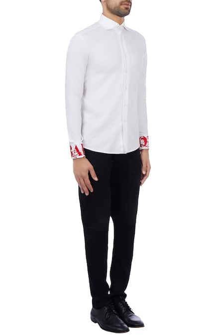 Vikram Bajaj_White Cotton Solid Embroidered Cuff Shirt_Online_at_Aza_Fashions