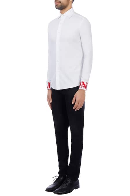 Buy_Vikram Bajaj_White Cotton Solid Embroidered Cuff Shirt_Online_at_Aza_Fashions